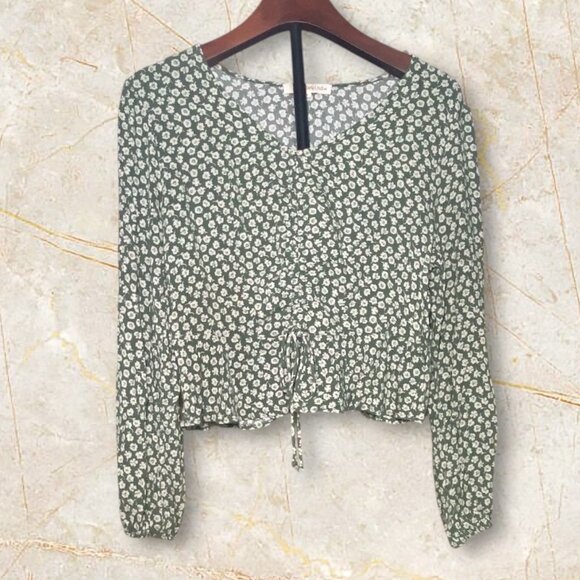 Rewind Tops - Green Floral Long-Sleeve Crop Blouse With Ruched Front & Drawstring Waist